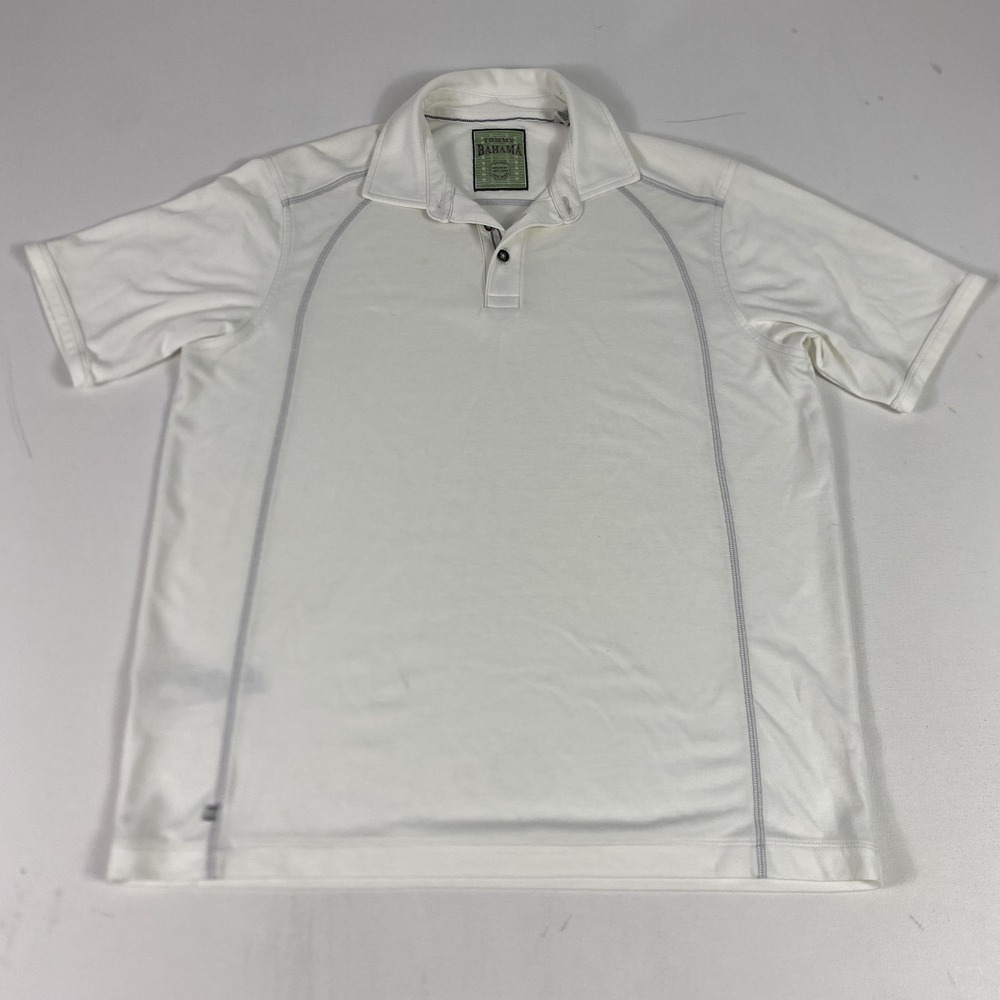 Tommy‎ Bahama Polo Shirt Mens Medium White Marlin Logo Poly Rayon Short Sleeve